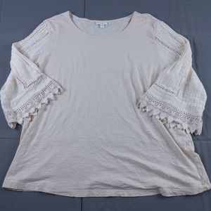 J.jill Bell Sleeve Blouse Size Medium Crochet Embroidery Cotton Modal Soft Pink